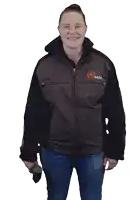 a woman wearing a jacket that says akob on the front
