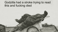 a black and white photo of a monster in a wheelbarrow with the caption godzilla had a stroke trying to read this