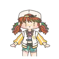 a cartoon drawing of a girl wearing a baseball cap and a jacket with the letter b on the front