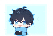 a drawing of a boy with blue eyes and a scarf around his neck