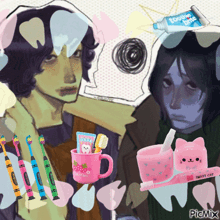 a picture of toothpaste toothbrushes and a cup with toothpaste in it