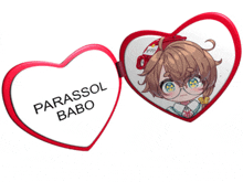 a heart shaped mirror with a picture of a girl and the words parasol babo on it