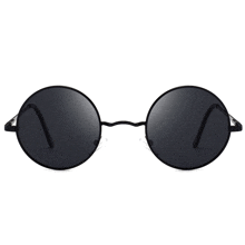 a pair of round sunglasses with black lenses and a black frame