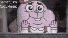 a cartoon character from the amazing world of gumball looks out of a window