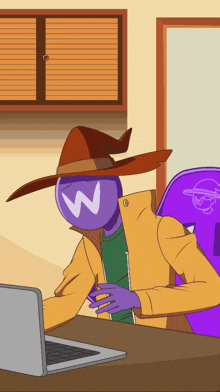 a cartoon of a person with a w on their head sitting in front of a laptop
