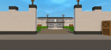 a computer generated image of a building with a brick fence