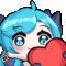 a pixel art of a girl with blue hair holding a red heart in front of her face .
