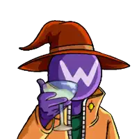 a cartoon character wearing a witch hat is drinking from a glass with a w on it
