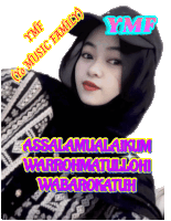a woman wearing a hijab and a hat says ymf on the top