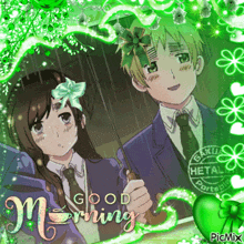 a picture of a boy and a girl holding an umbrella with the words good morning
