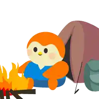 a cartoon of a bird sitting by a campfire with a tent in the background