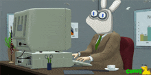 a cartoon of a man with a rabbit head sitting at a desk using a computer