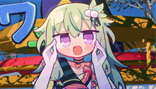 a cartoon of a girl with green hair and a flower in her hair with the number 7 in the background