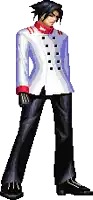 a pixel art of a man in a white jacket and black pants .