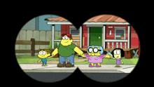 a cartoon of a family holding hands looking through binoculars