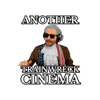 a poster for trainwreck cinema features a man in a suit and scarf