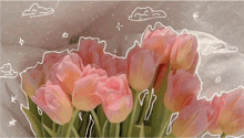 a bunch of pink flowers with a drawing of clouds and stars