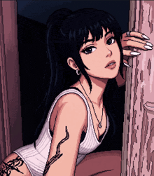a pixel art drawing of a girl with tattoos on her arm
