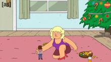 a cartoon of a woman kneeling down in front of a christmas tree with the letters as on the door