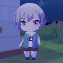 a cartoon character with a blue jacket and shorts has a shirt with the letter l on it