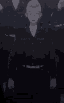 a group of anime characters are standing in a dark room and one of them has glasses on .