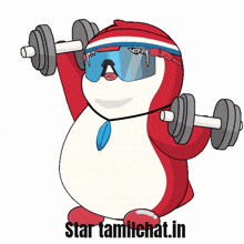 a cartoon of a penguin lifting dumbbells with the words star tamilchat.in below him