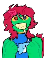 a cartoon drawing of a person with green and red hair holding a shark