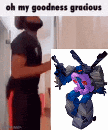 a man standing next to a robot that says oh my goodness gracious