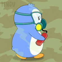 a cartoon of a penguin wearing a gas mask holding a fire extinguisher