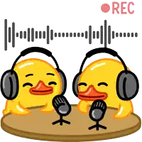 two yellow ducks wearing headphones are sitting at a table with microphones and a rec sign above them