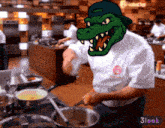 a cartoon of a chef with a crocodile head on his head