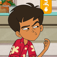 a cartoon character is making a face in front of a sign that says nick on it