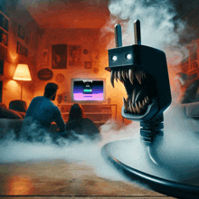 a man and woman sit on a couch in front of a television while a monster plug with teeth looks on