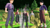 a group of people standing in a video game with a skull on the bottom left