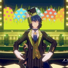 a man in a suit and top hat is standing on a stage with his hands on his hips