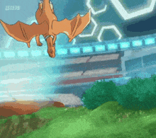a cartoon dragon is flying over a field