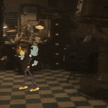 a man sits in a chair in a room with a cartoon character in front of him