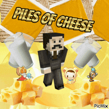 a man in a suit and tie is surrounded by cheese and milk with the words piles of cheese above him