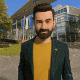 a man with a beard wearing a green jacket and a yellow sweater