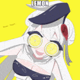 a cartoon of a girl with lemons in her eyes