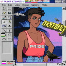 a pixel art of a man wearing a pink tank top with the word pride on it