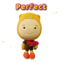a cartoon character holding a bouquet of red roses and the word perfect above him