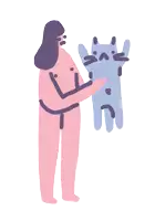 a drawing of a woman holding a blue cat