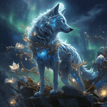 a painting of a white wolf with flowers around it