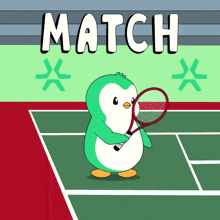 a penguin is holding a tennis racquet on a tennis court with the word match above him