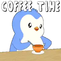 a penguin is holding a spoon in front of a cup of coffee with the words coffee time below it