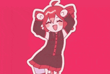 a cartoon of a girl with red hair and a black dress is standing on a pink background .