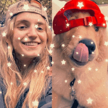 a woman wearing a hat next to a dog wearing a hat
