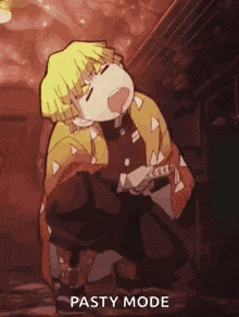 a cartoon character is kneeling down in a dark room with his mouth open in a pasty mode .