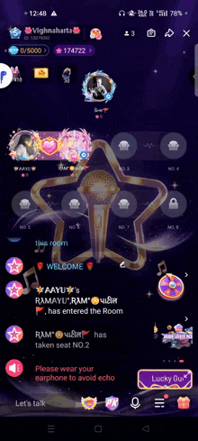a phone screen shows a microphone in the shape of a star and a welcome message